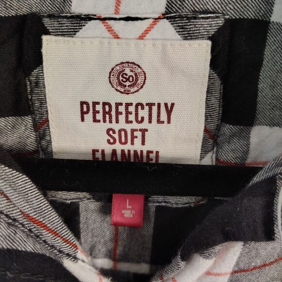 SO Cotton Perfectly Soft Flannel Large Women's Jrs White Black Plaid Button Up - Picture 4 of 5